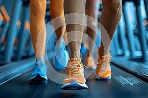 Close-up of female legs in sportswear running on treadmill Generative AI