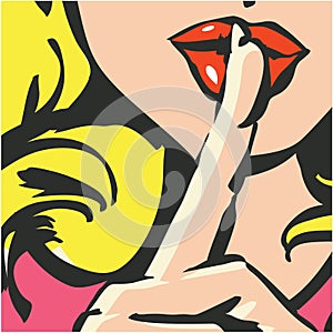 Close-up of female lips with index finger gesturing silence. Shh woman pop art poster. Shhh woman. Shh icon. Keep silence. photo