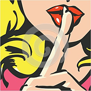 Close-up of female lips with index finger gesturing silence. Shh woman pop art poster. Shhh woman. Shh icon. Keep silence.