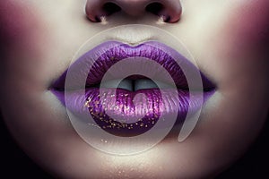 Close up of female lips with metallic purple lipstick, created using generative ai technology