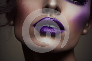 Close up of female lips with metallic purple lipstick, created using generative ai technology