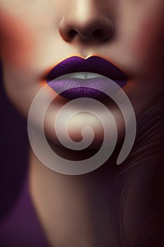 Close up of female lips with satin purple lipstick, created using generative ai technology