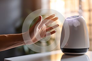 Close up female male hand touch modern smart home portable wireless device future technology AI artificial intelligence