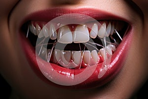 Close up of female mouth with healthy teeth. Teeth whitening concept, clean cleanse teeth with dental floss, AI Generated