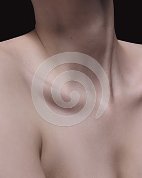 Close up female neck, collarbones. Beautiful woman with well-kept skin. Natural beauty, fitness, diet, spa, plastic