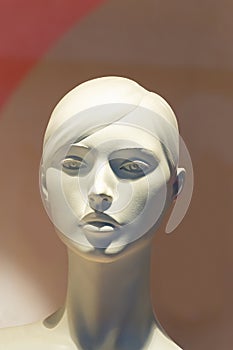Close-up of a female plastic mannequin head with a pretty face