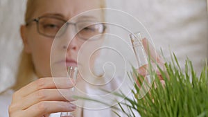 Close-up of a female scientist in a lab pouring clear liquid into a test tube next to a growing green grass.