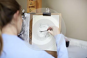 Close Up Of Female Teenage Artist Sitting At Easel Drawing Picture Of Dog From Photograph In Charcoal