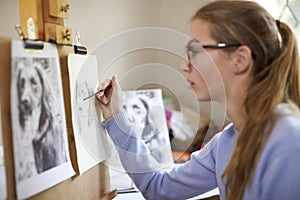 Close Up Of Female Teenage Artist Sitting At Easel Drawing Picture Of Dog From Photograph In Charcoal