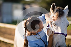 Close up of female vet examining horse eye