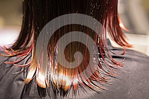 Close-up of a female wet nape of dyed strands of blond hair in a bright pink color, beauty salon