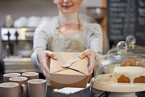 Close Up Of Female Worker in Cafe Serving Meal In Sustainable Recyclable Packaging With Wooden Fork