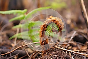 close-up of fern unfurling in fire-affected area