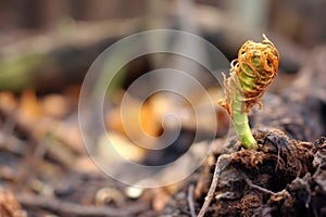 close-up of fern unfurling in fire-affected area