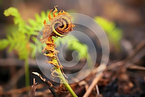 close-up of fern unfurling in fire-affected area