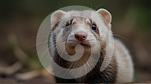 Close up of a ferret looking at the camera with a blurred background