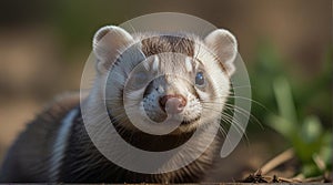 Close up of a ferret looking at the camera with a blurred background