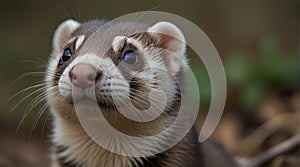 Close up of a ferret looking at the camera with a blurred background