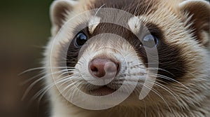 Close up of a ferret looking at the camera with a blurred background