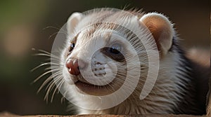 Close up of a ferret looking at the camera with a blurred background