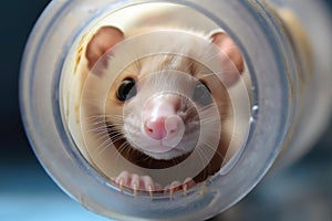 close-up of ferrets face in clear tube