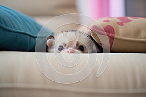 close-up of a ferrets face between sofa pillows