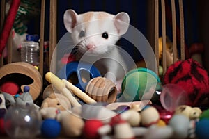 close-up of ferrets face among various toys