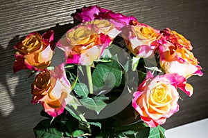 Close-up of festive fresh roses with original yellow and crimson coloration.