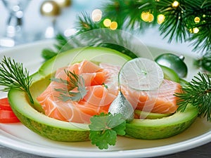 Close-Up of a Festive Plate Featuring Small Snack with Salmon and Cucumber, Adorned with Christmas Trees.