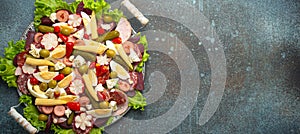Close up of Fiambre, salad of Guatemala, Mexico and Latin America top view with cold cuts and pickled vegetables photo