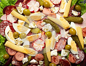 Close up of Fiambre, salad of Guatemala, Mexico and Latin America top view with cold cuts and seasonal pickled photo