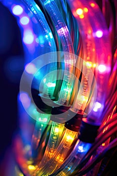 close-up of fiber optic cables with colorful lights