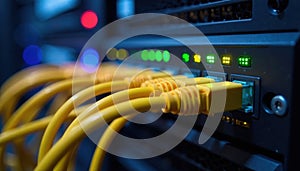 Close up of fiber optic cables connected to server hardware, hardware, data