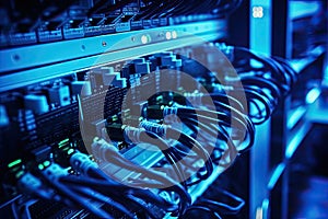 close up of fiber optic cables connected to servers in a data center, Network cables connected into switches. Ethernet router in