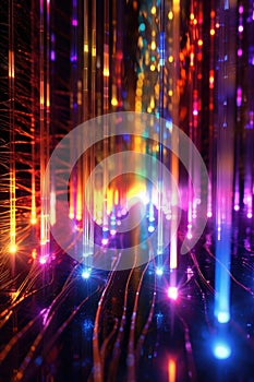 close-up of fiber optic cables with light trails