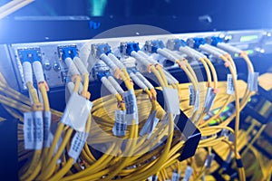 Close up fiber optic in server room