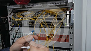 Close up fiber optic in server room.