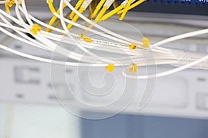 Close up fiber optic in server room , network cables installed in the rack Abstract image for use as a background