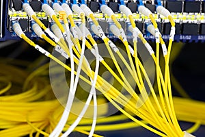 Close up fiber optic in server room , network cables installed in the rack Abstract image for use as a background