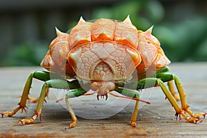 A close up of a fictional bug with orange and green spikes on its back, AI