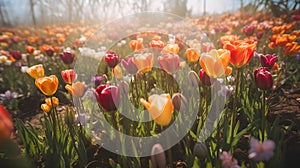 Close Up of a Field of colorful Tulips