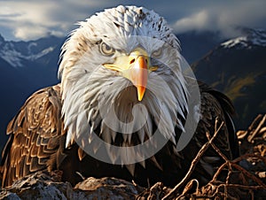 Close-up of a fierce eagle perched atop a rugged cliff