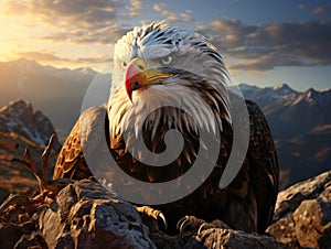 Close-up of a fierce eagle perched atop a rugged cliff