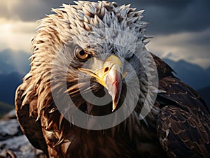 Close-up of a fierce eagle perched atop a rugged cliff