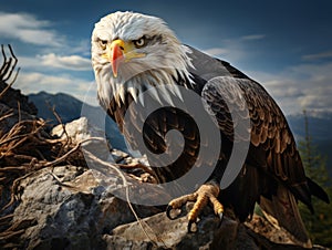 Close-up of a fierce eagle perched atop a rugged cliff