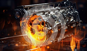 Close-Up of a Fiery Car Engine Revealing Flames and Damage