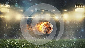 Close up of a fiery soccer ball kicked with power at the stadium