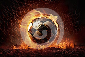 Close up of a fiery soccer ball kicked with power at the stadium