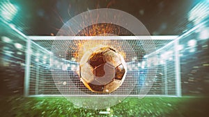 Close up of a fiery soccer ball kicked with power at the stadium scoring a goal