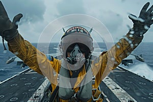 Close-up of fighter jet pilot in flight gear sitting in a cockpit. Airplane just landed on an aircraft carrier deck and